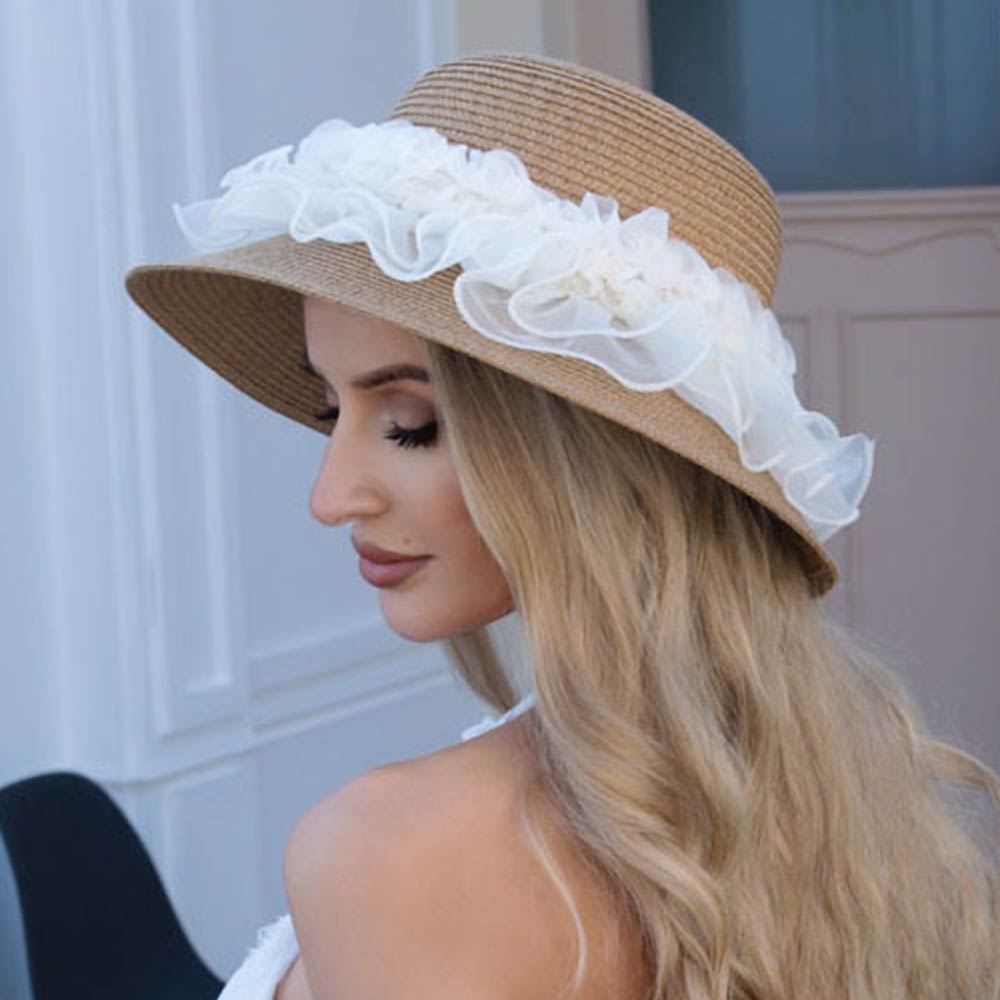 Madeline Love Khaki Floral Trim Straw Sun Hat - Hats