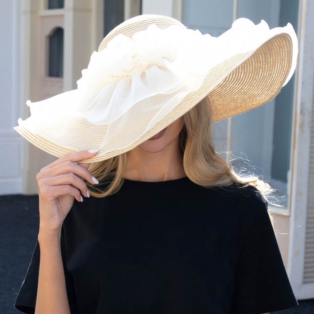 Madeline Love Beige Oversized Sheer Floral Cover Wide Brim Straw Sun Hat - Hats