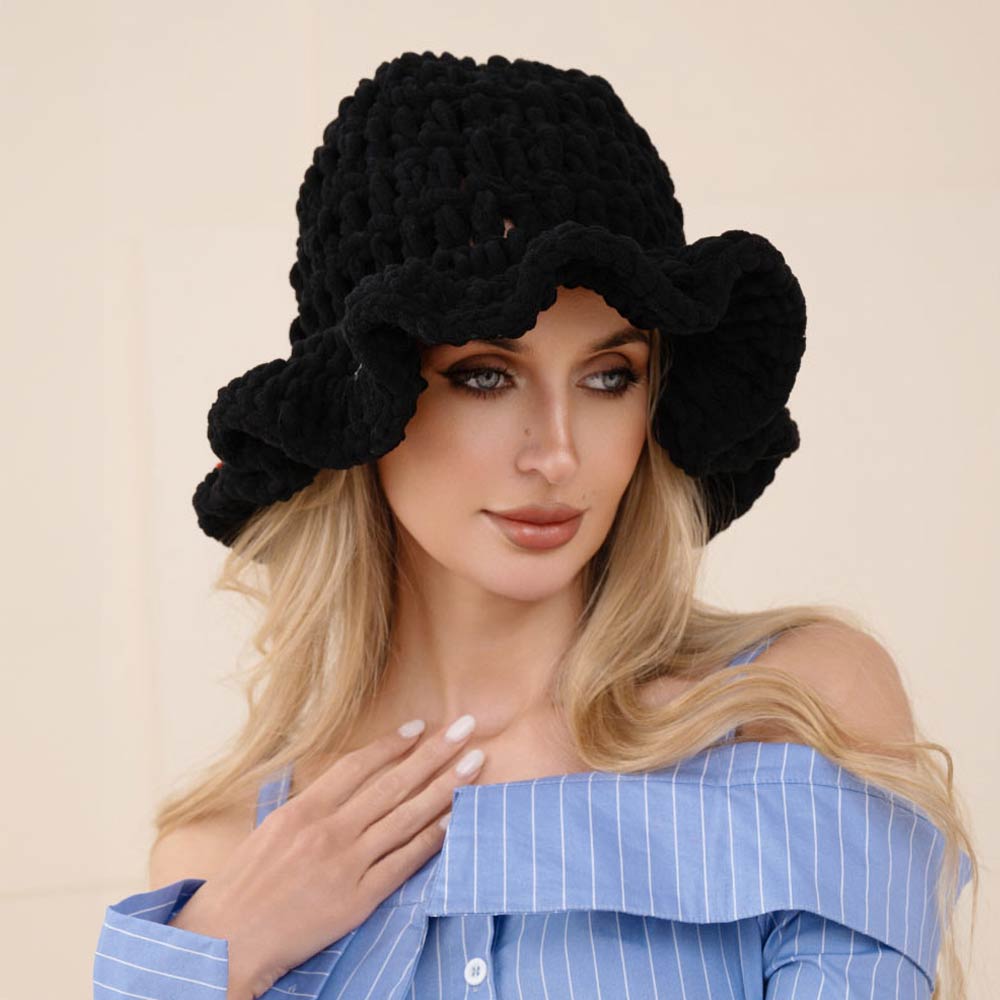 Madeline Love Black Plain Chunky Crochet Bucket Hat - Hats