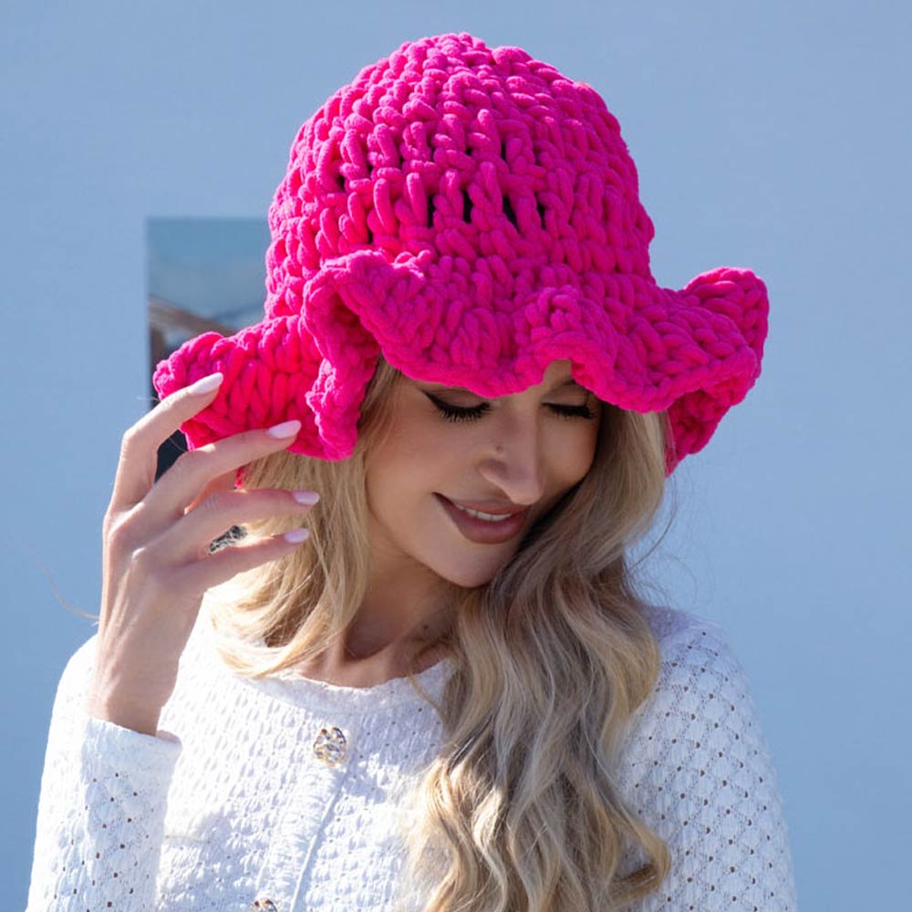 Madeline Love Hot Pink Plain Chunky Crochet Bucket Hat - Hats