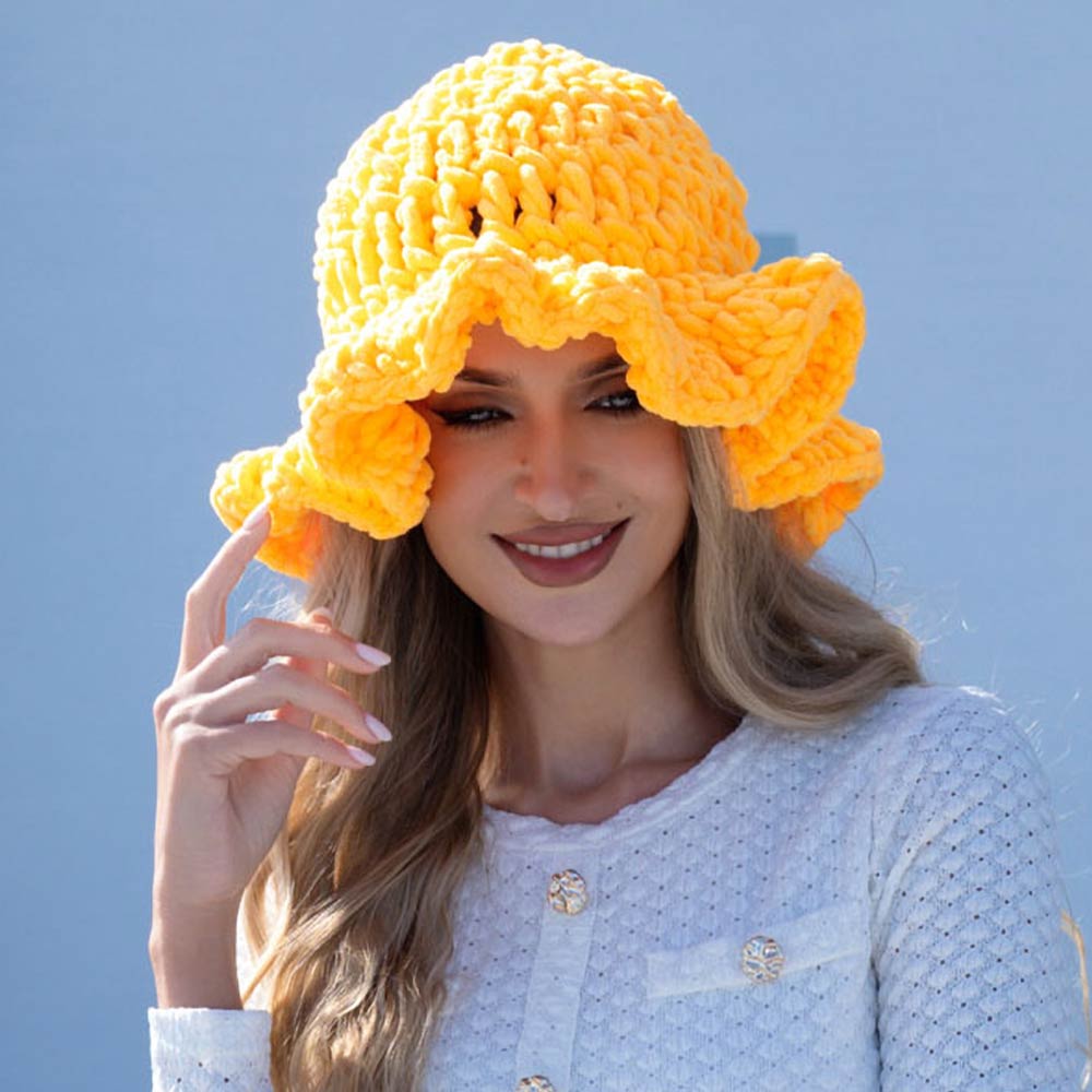 Madeline Love Orange Plain Chunky Crochet Bucket Hat - Hats