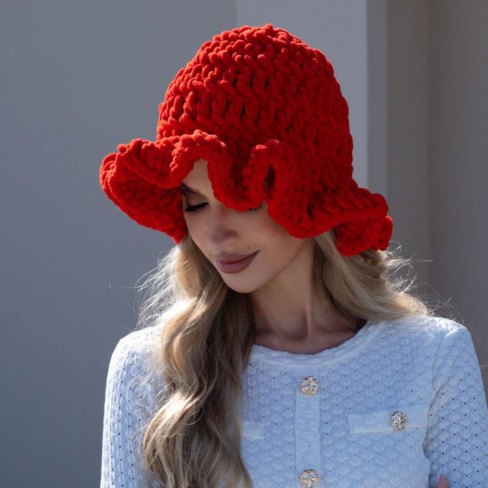 Madeline Love Red Plain Chunky Crochet Bucket Hat - Hats