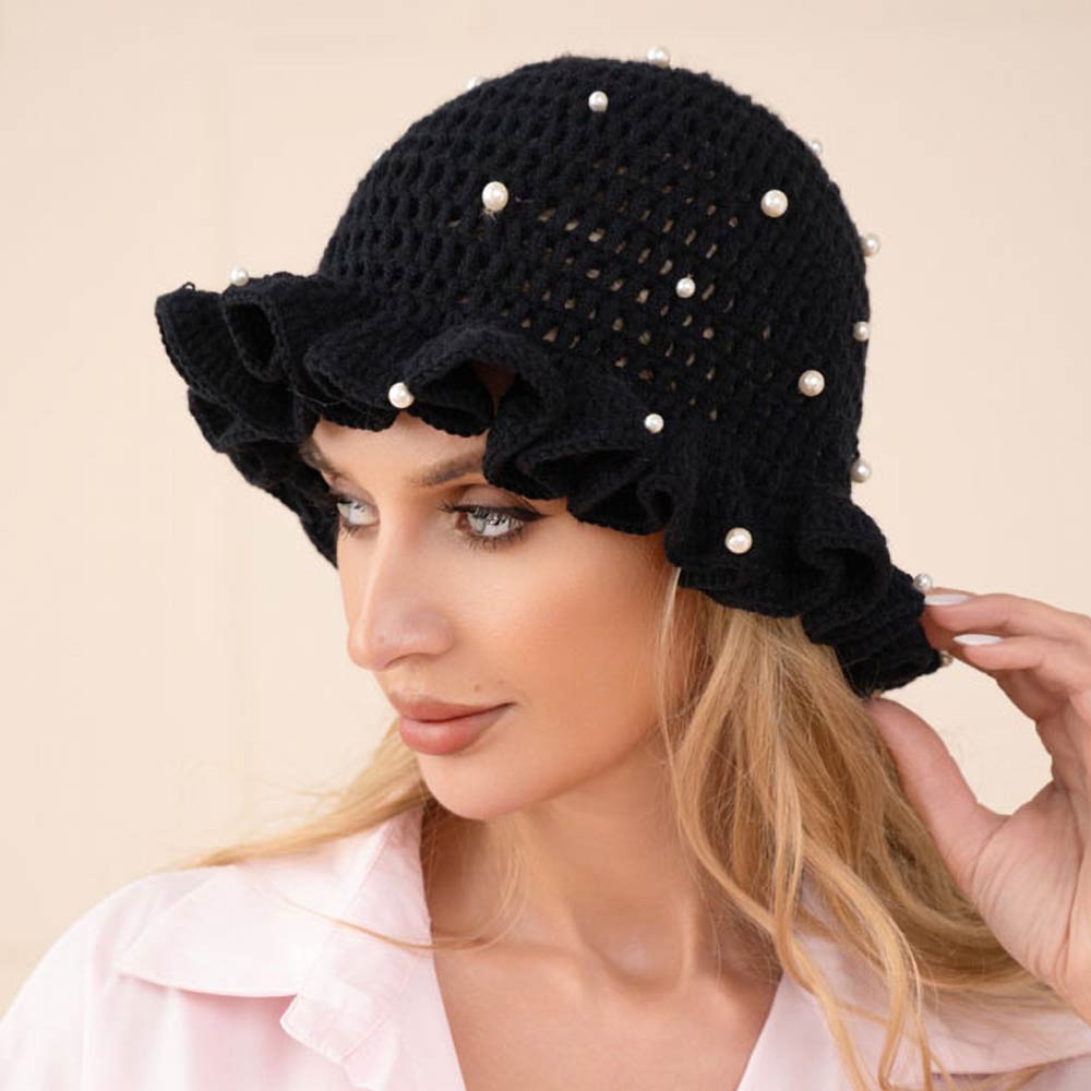 Madeline Love Black Pearl Embellished Chunky Crochet Bucket Hat - Hats