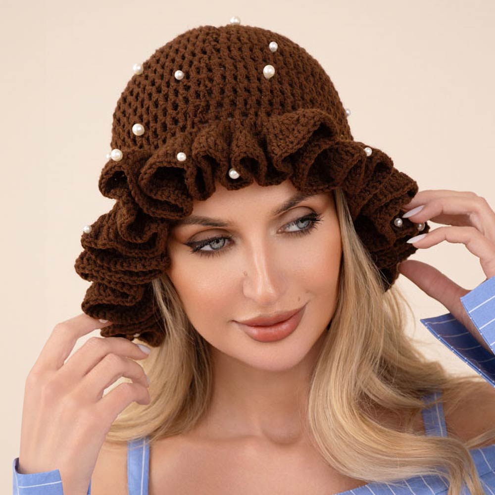 Madeline Love Brown Pearl Embellished Chunky Crochet Bucket Hat - Hats
