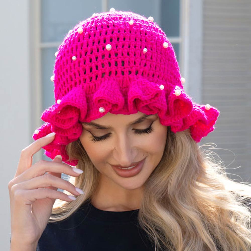 Madeline Love Hot Pink Pearl Embellished Chunky Crochet Bucket Hat - Hats