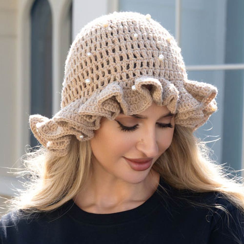 Madeline Love Khaki Pearl Embellished Chunky Crochet Bucket Hat - Hats