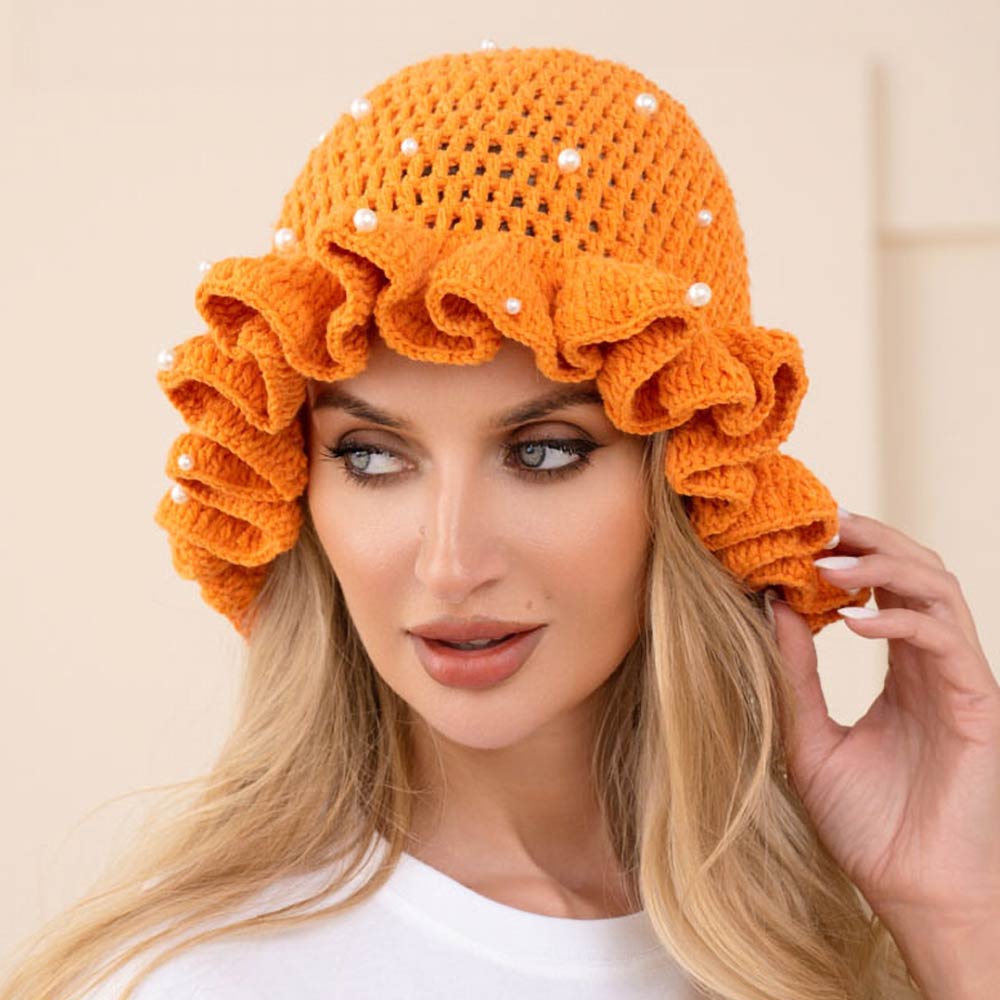 Madeline Love Orange Pearl Embellished Chunky Crochet Bucket Hat - Hats