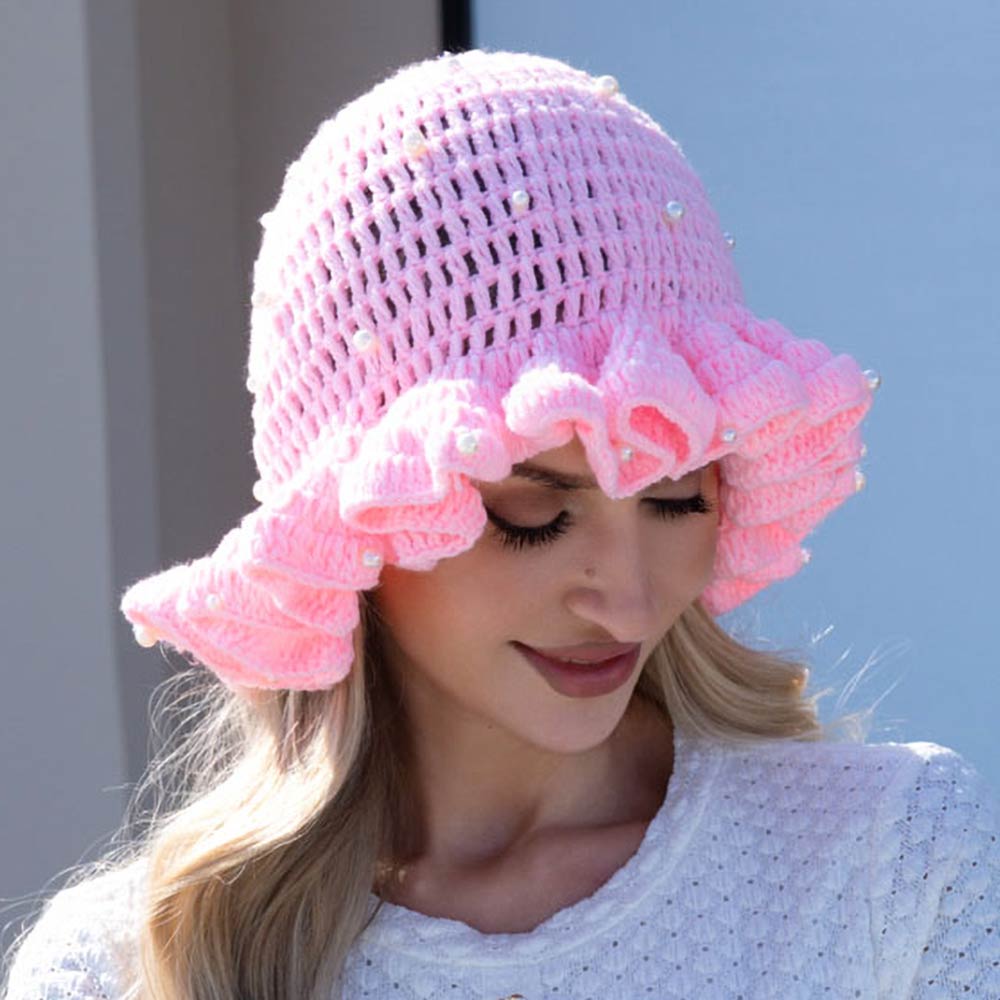 Madeline Love Pink Pearl Embellished Chunky Crochet Bucket Hat - Hats