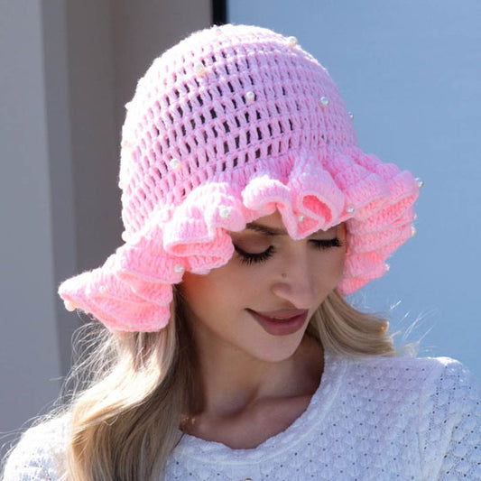 Madeline Love Pink Pearl Embellished Chunky Crochet Bucket Hat - Hats