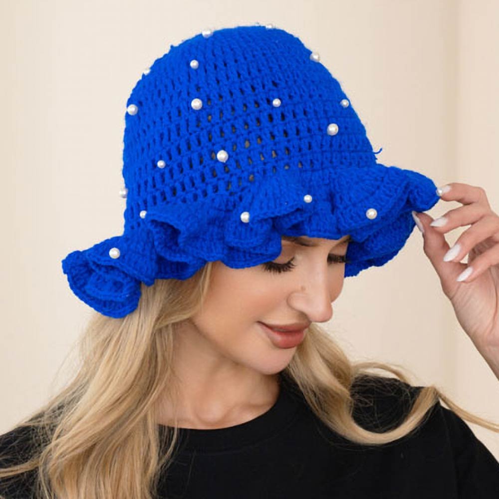 Madeline Love Royal Blue Pearl Embellished Chunky Crochet Bucket Hat - Hats