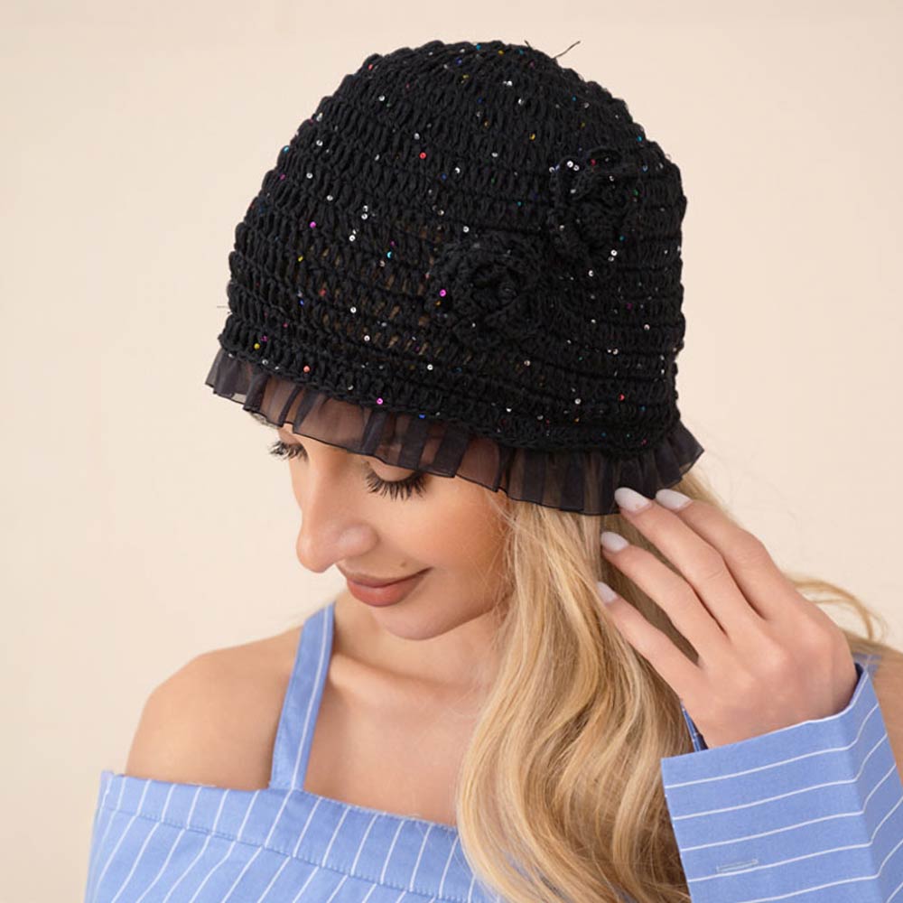 Madeline Love Black Ruffle Trim Rhinestone Embellished Floral Crochet Cloche Hat - Hats
