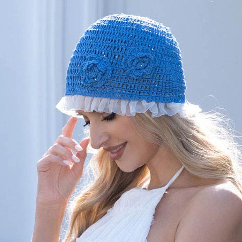 Madeline Love Blue Ruffle Trim Rhinestone Embellished Floral Crochet Cloche Hat - Hats