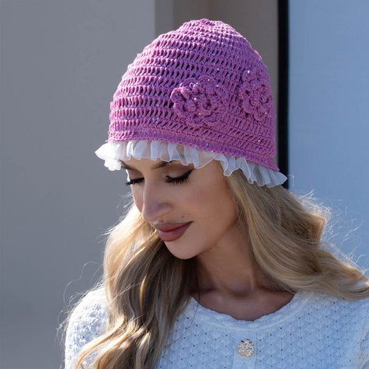 Madeline Love Pink Ruffle Trim Rhinestone Embellished Floral Crochet Cloche Hat - Hats