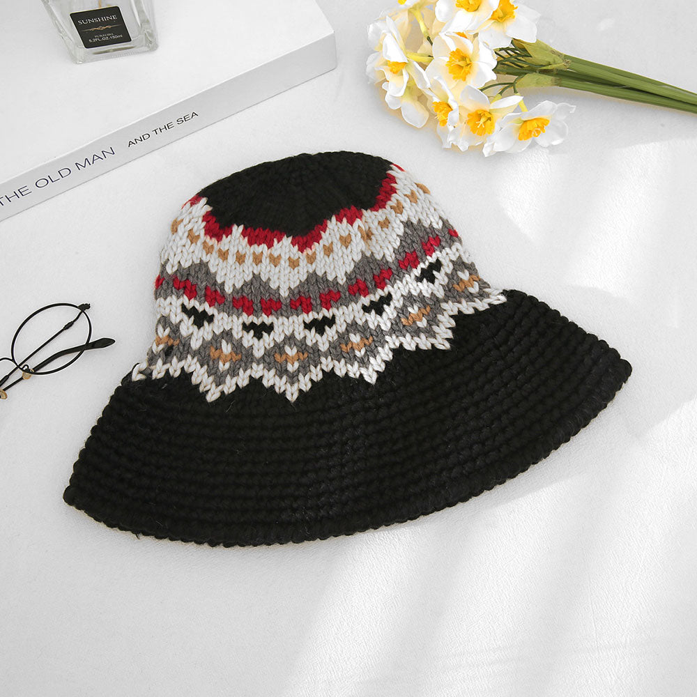 Madeline Love Black Nordic Pattern Knitted Bucket Hat - Hats - desc