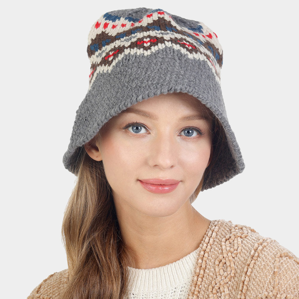 Madeline Love Gray Nordic Pattern Knitted Bucket Hat - Hats