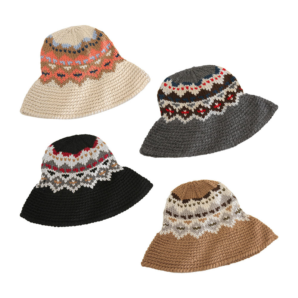 Madeline Love Gray Nordic Pattern Knitted Bucket Hat - Hats - extra