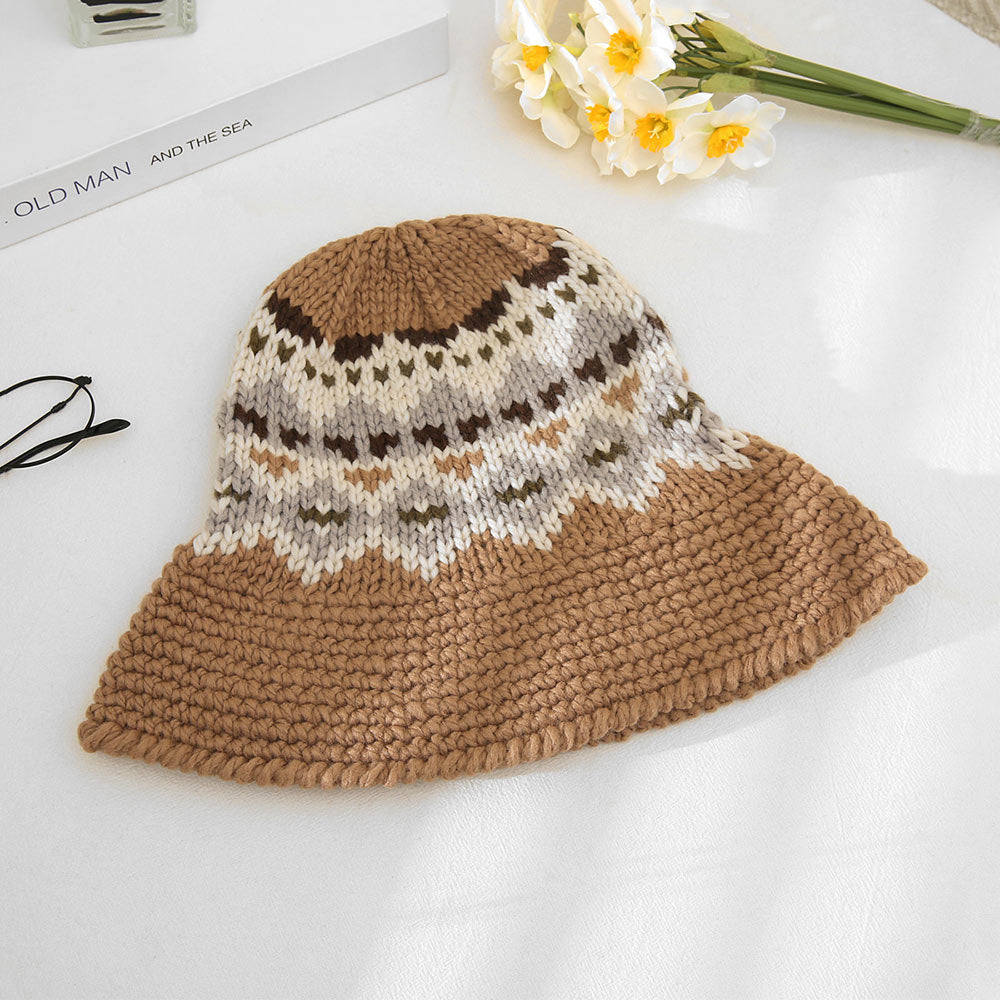 Madeline Love Taupe Nordic Pattern Knitted Bucket Hat - Hats - desc