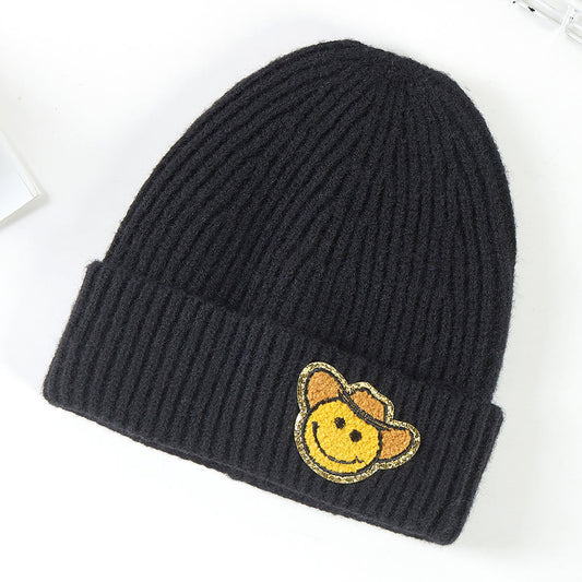Black Cowboy Hat Smile Accented Knit Beanie Hat