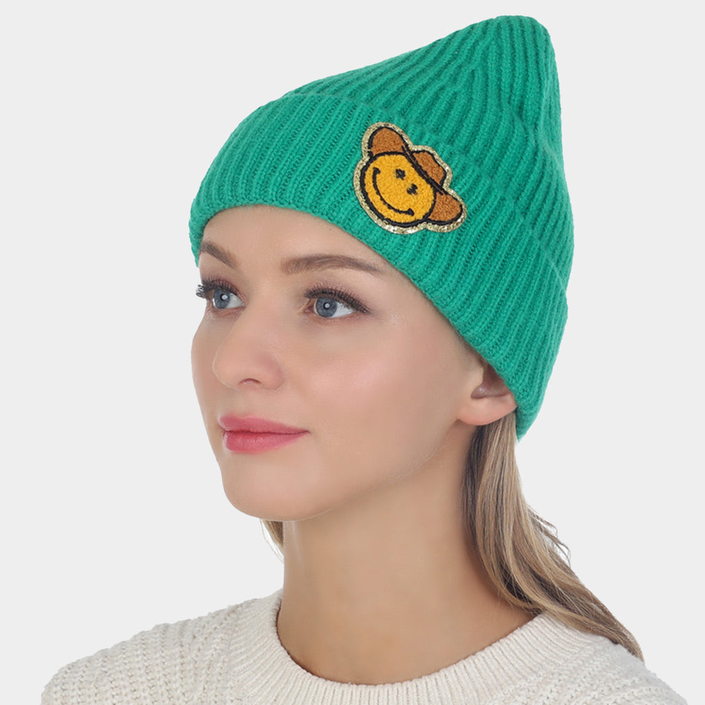 Green Cowboy Hat Smile Accented Knit Beanie Hat