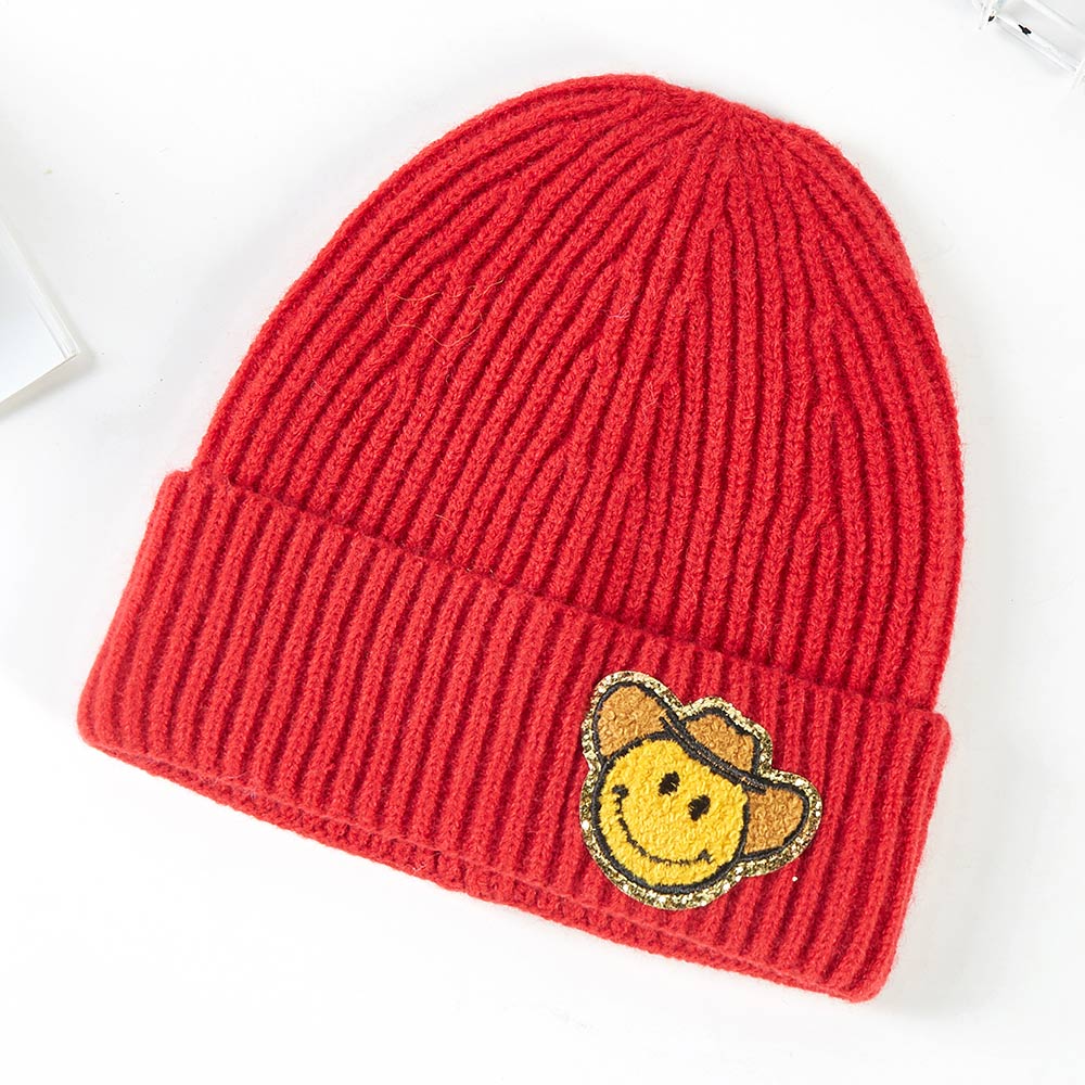 Red Cowboy Hat Smile Accented Knit Beanie Hat