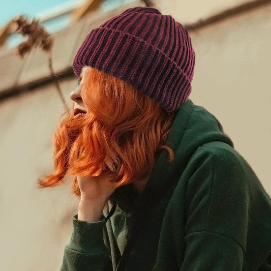 Burgundy Ribbed Knit Cuffed Beanie Hat