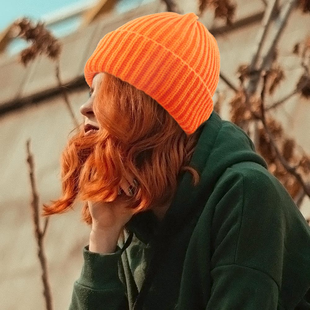 Neon, Orange Ribbed Knit Cuffed Beanie Hat