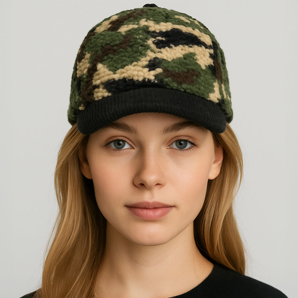 Madeline Love Black Corduroy Brim Camouflage Print Teddy Bear Baseball Cap - Hats