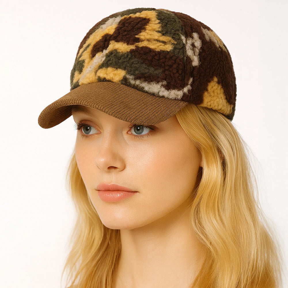 Madeline Love Brown Corduroy Brim Camouflage Print Teddy Bear Baseball Cap - Hats