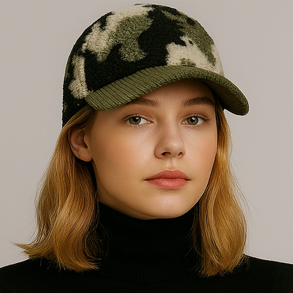 Madeline Love Olive Green Corduroy Brim Camouflage Print Teddy Bear Baseball Cap - Hats
