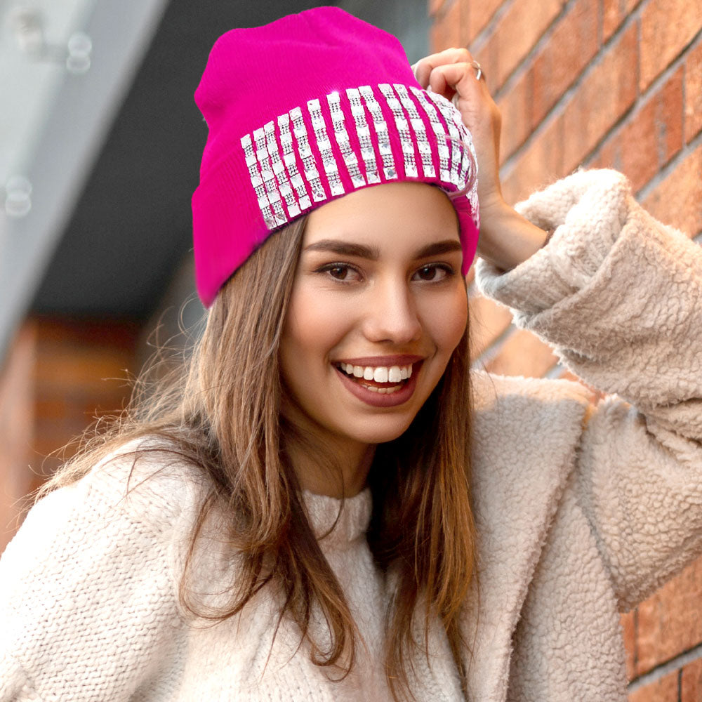 Madeline Love Pink Trellis Blinged Acrylic Beanie Hat - Hats