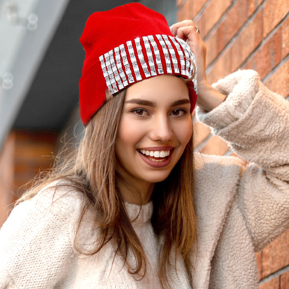 Madeline Love Red Trellis Blinged Acrylic Beanie Hat - Hats