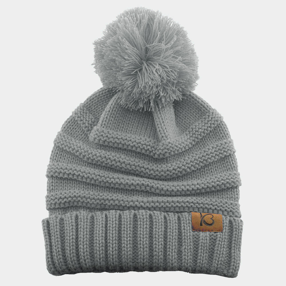 Gray Cable Knit Ribbed Chunk Pom Pom Beanie Hat