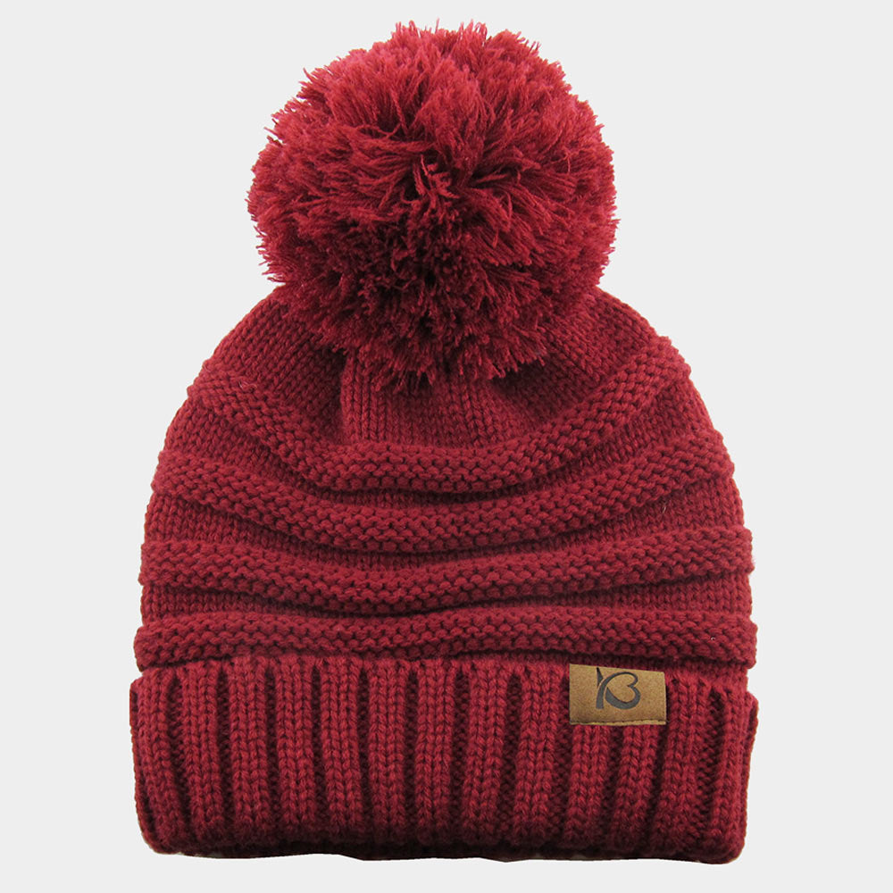 Burgundy Cable Knit Ribbed Chunk Pom Pom Beanie Hat