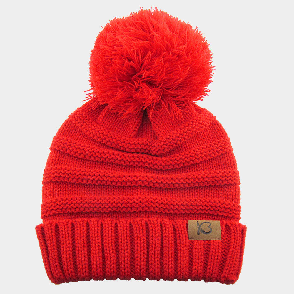 Red Cable Knit Ribbed Chunk Pom Pom Beanie Hat