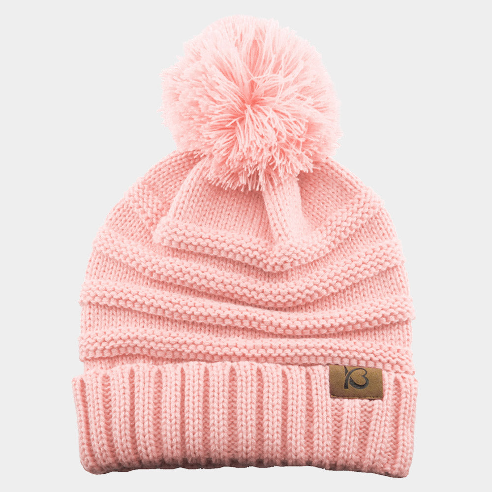 Pink Cable Knit Ribbed Chunk Pom Pom Beanie Hat