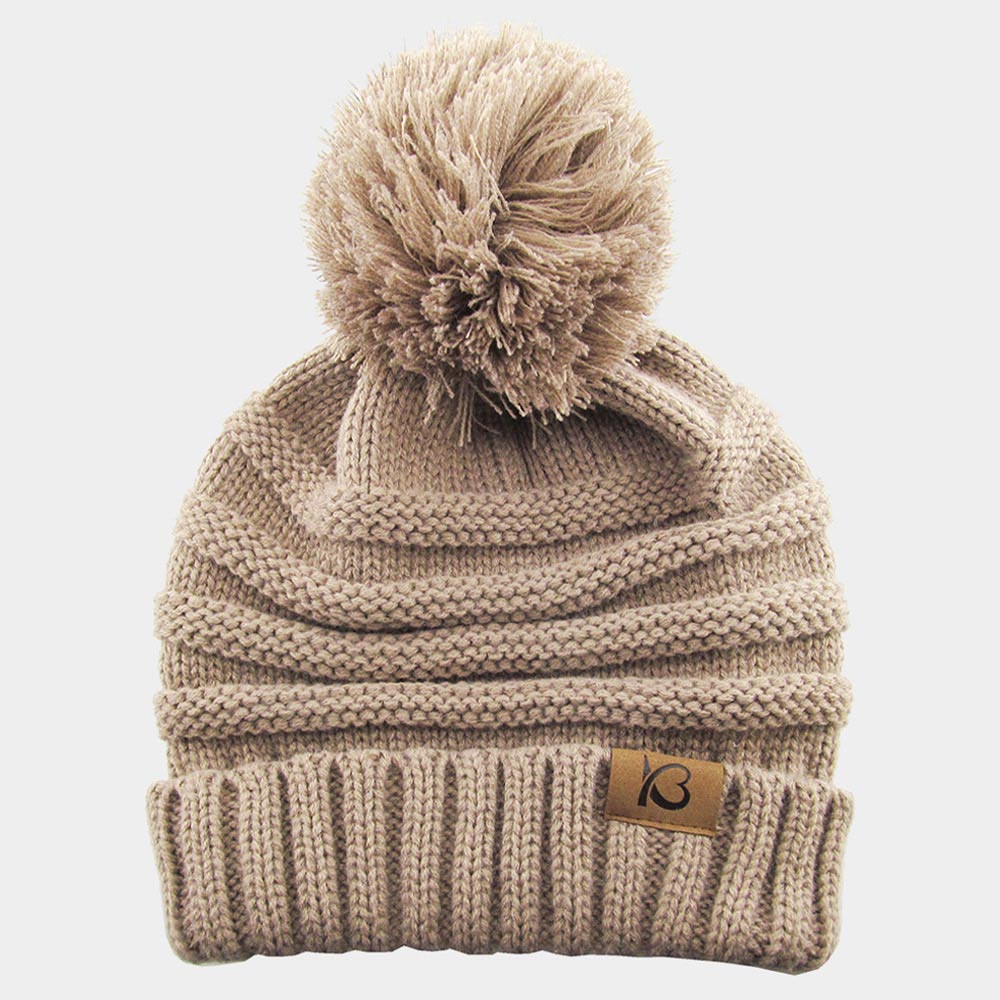 Taupe Cable Knit Ribbed Chunk Pom Pom Beanie Hat