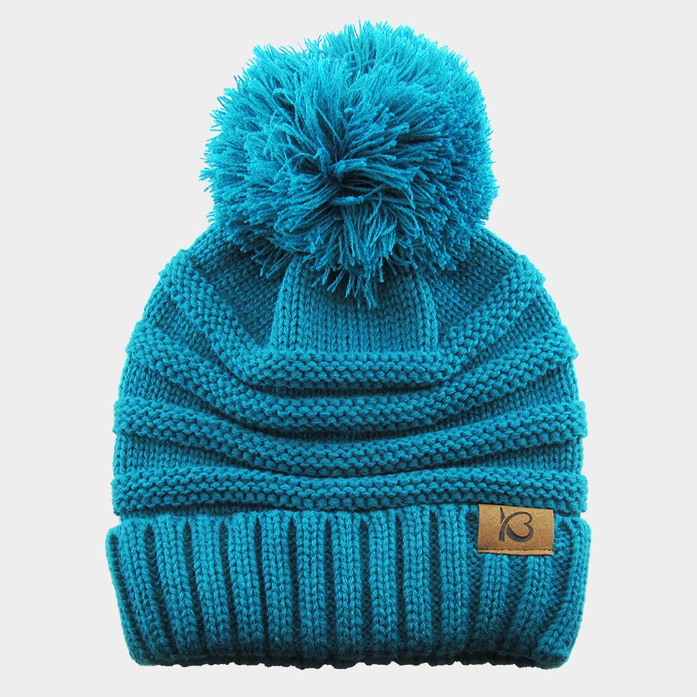 Turquoise Cable Knit Ribbed Chunk Pom Pom Beanie Hat