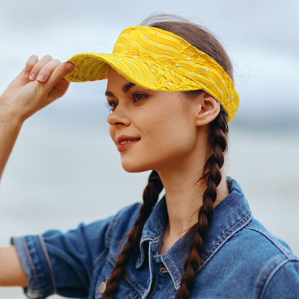 Madeline Love Yellow Crystal Accented Ruffled Fashion Visor Hat - Hats