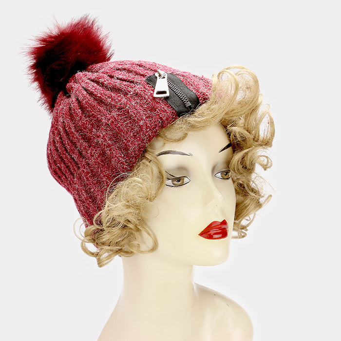 Burgundy Soft Knit Fleece Zipper Detail Pom Pom Beanie