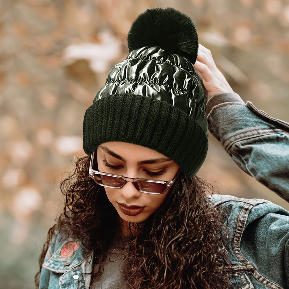 Olive Green Fleece Lining Puffer Knit Pom Pom Beanie Hat