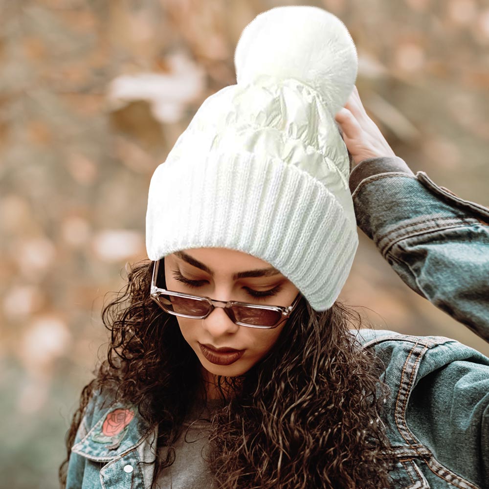 White Fleece Lining Puffer Knit Pom Pom Beanie Hat