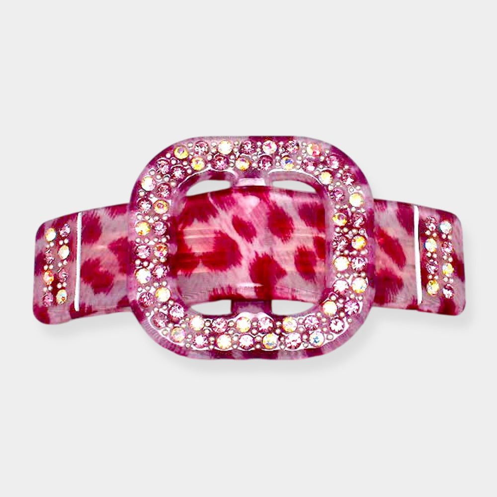 Madeline Love AB, Pink Rhinestone Buckle Leopard Print Resin Hair Barrette - Hair Accessories