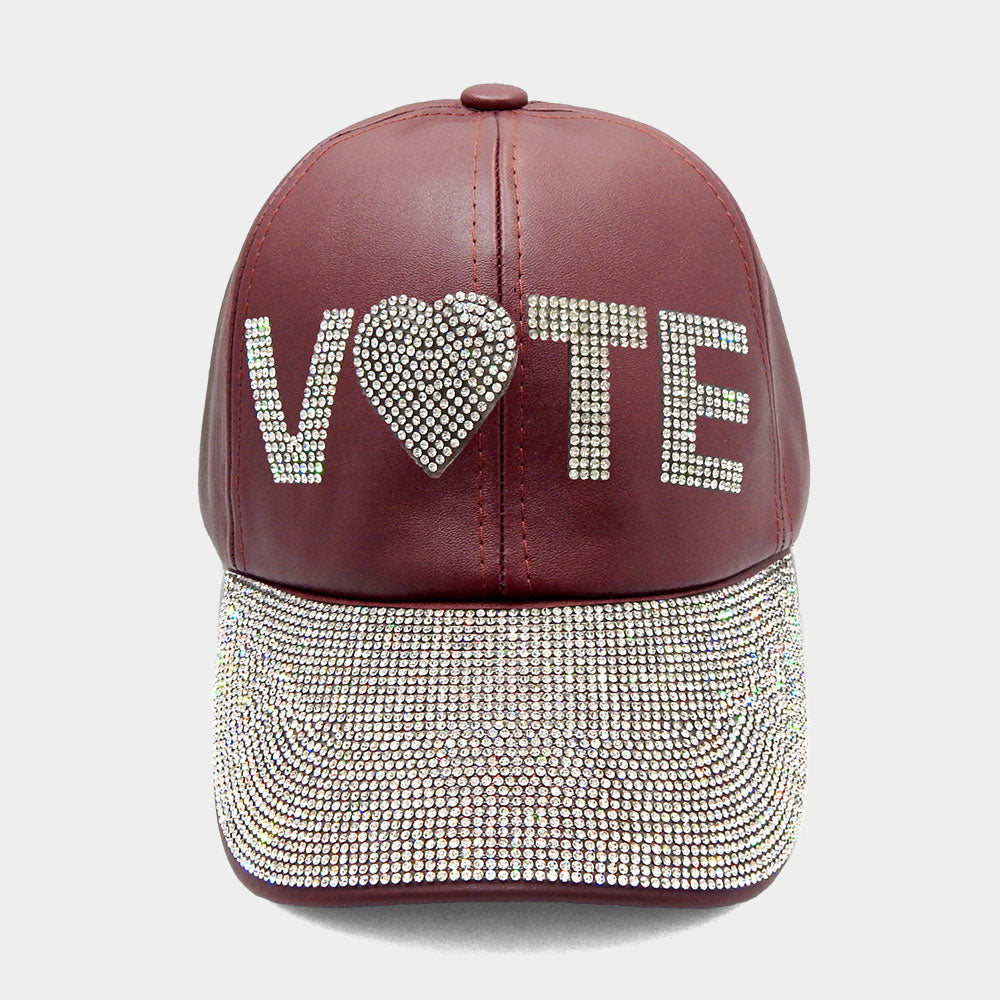 Madeline Love Burgundy Faux Leather Vote Message Rhinestone Embellished Baseball Cap - Hats