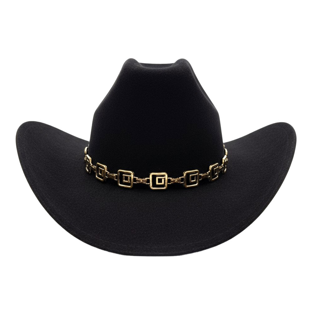 Geometric Metal Chain Accent Western Cowboy Fedora Hat - Black - Fedora Hat