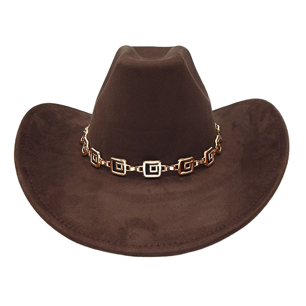 Geometric Metal Chain Accent Western Cowboy Fedora Hat - Brown - Fedora Hat