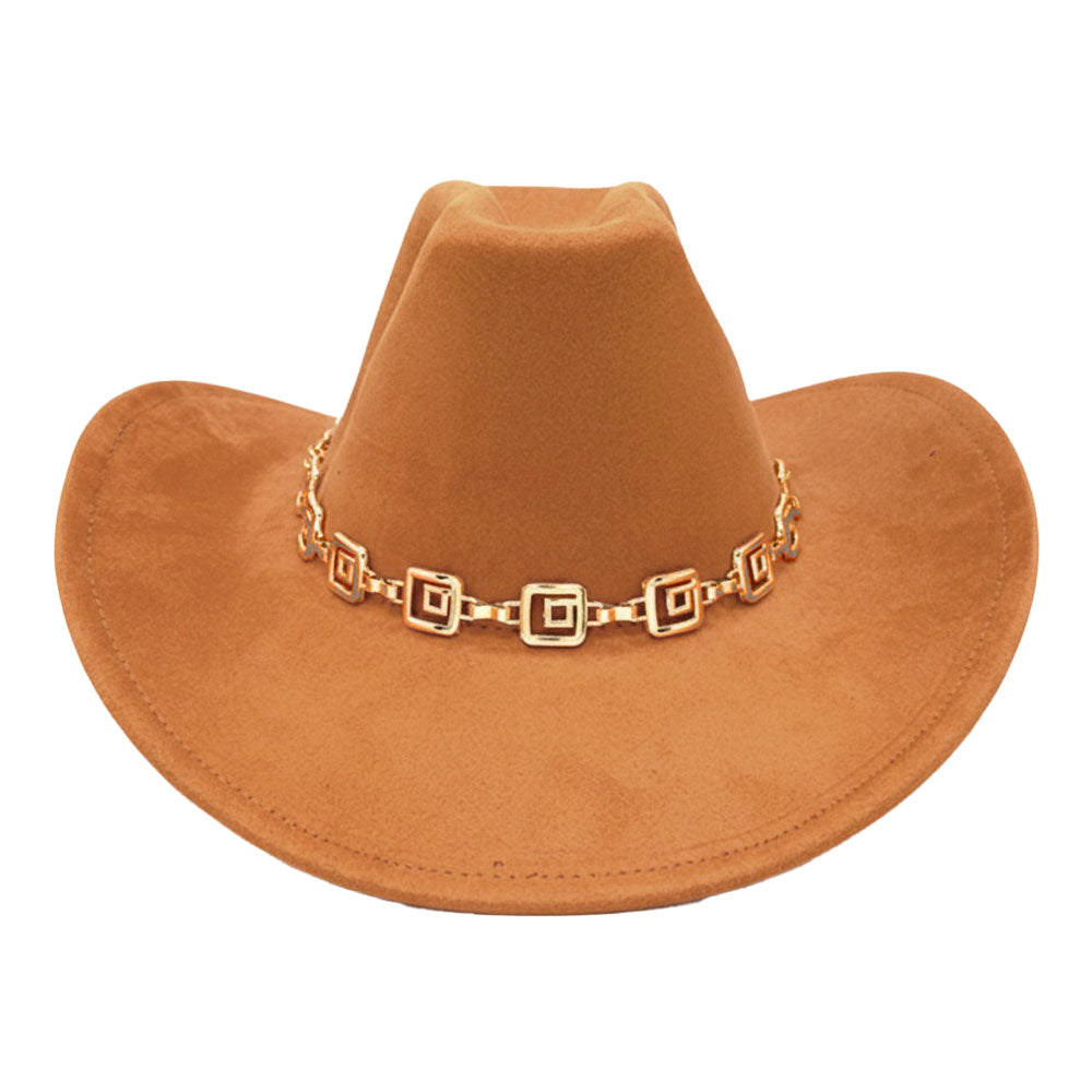 Geometric Metal Chain Accent Western Cowboy Fedora Hat - Gold - Fedora Hat