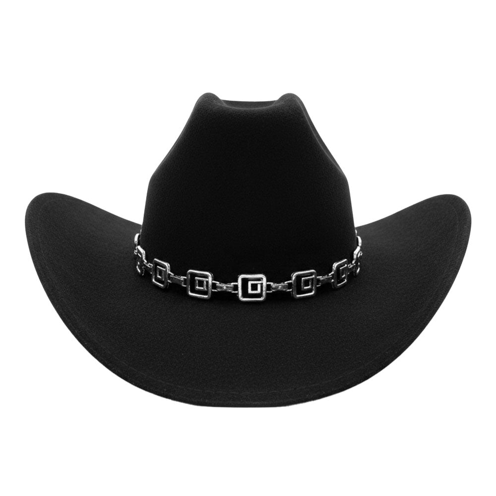 Geometric Metal Chain Accent Western Cowboy Fedora Hat - Black Rhodium - Fedora Hat