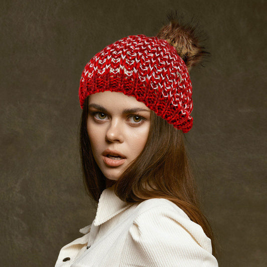 Madeline Love Red Chunky Two Tone Knit Pom Pom Beanie Hat - Hats