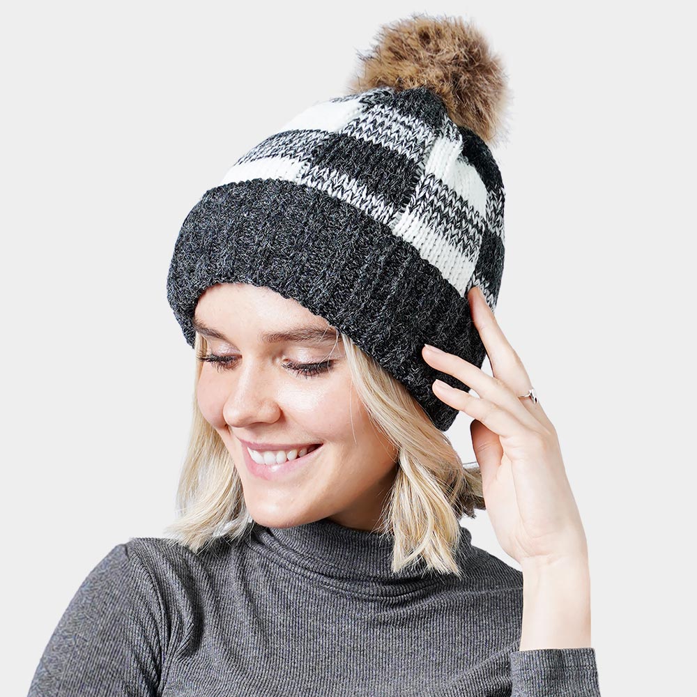 Black Buffalo Check Pattern Faux Pom Pom Knit Beanie Hat