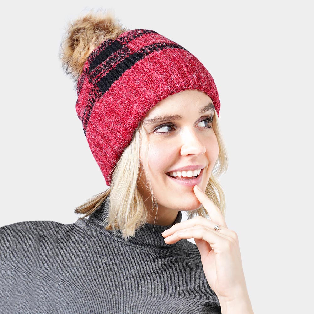 Red Buffalo Check Pattern Faux Pom Pom Knit Beanie Hat